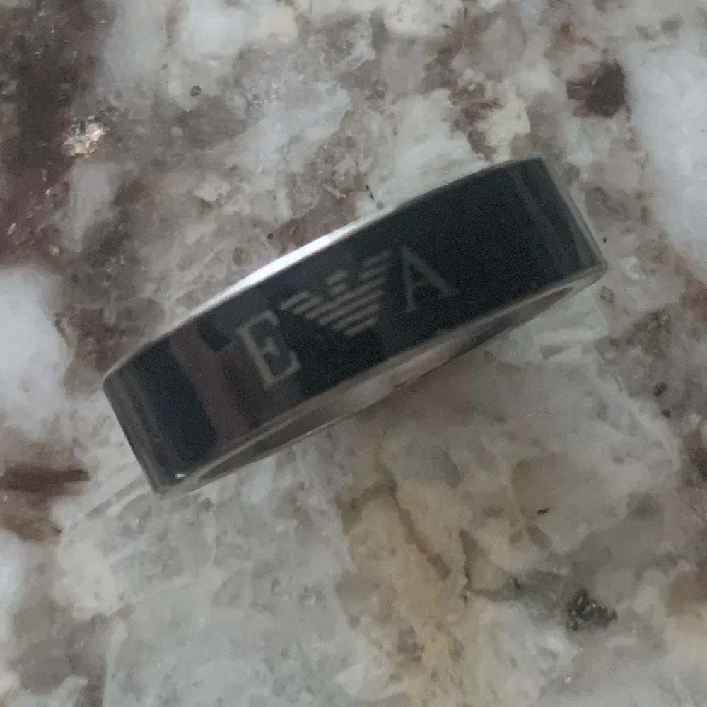 NEW Emporio Armani Black Enamel EA Logo Band, Stainless Steel, Size 9